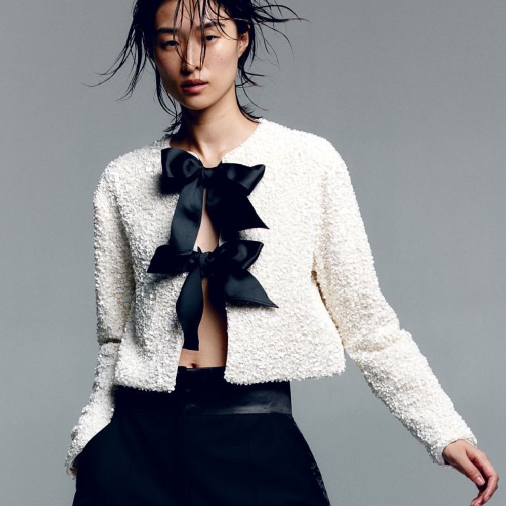 H&M viral bloggers fav white sequin black bow ribbon tie front cardigan / blouse
